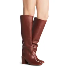 Кожаные высокие сапоги без шнуровки на среднем каблуке женские сапоги до колена с круглым носком на квадратном каблуке; женская зимняя обувь г. Botas Pretas