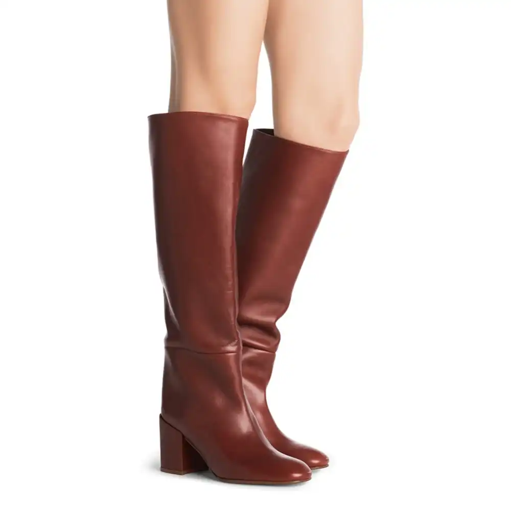 leather block heel knee high boots