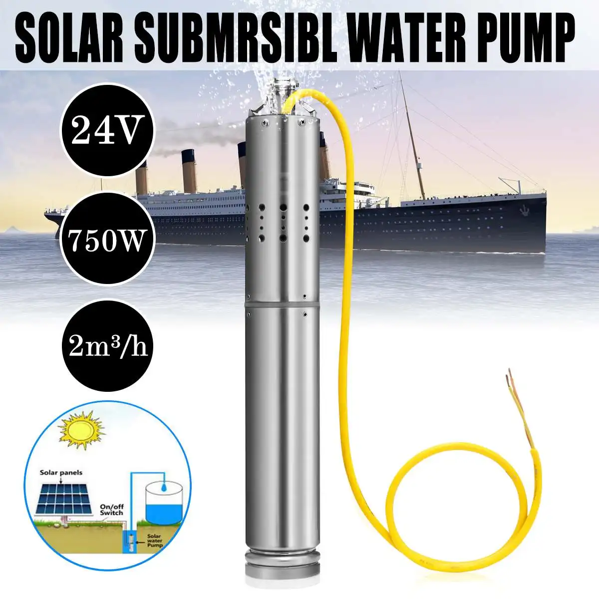 

DC24V/36V 750W Max Head 60m Submersible Bore Hole Deep Well Pump Solar Powered Pump For Irrigation Garden Home Agriculture