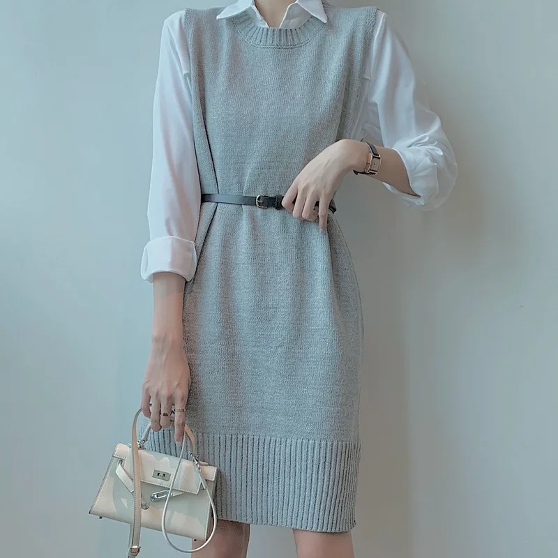 

Korean vest sweater intellectual OL round neck mid-length sweater sleeveless dress loose split sweater 2020 new women's clothing