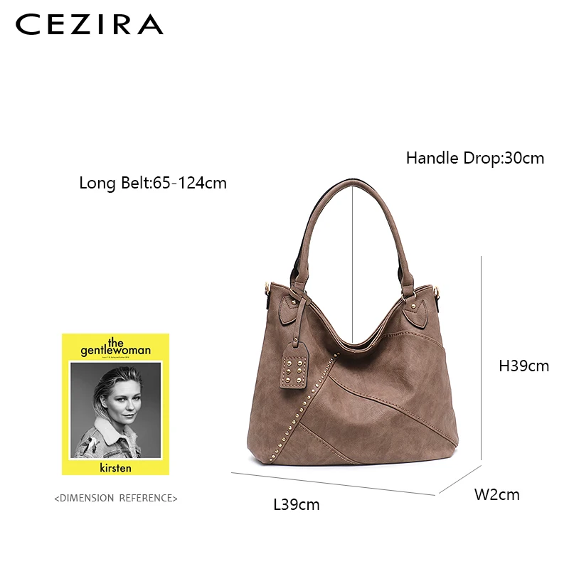 CEZIRA, большая женская модная сумка-тоут, женская большая сумка из Веганской кожи, высокое качество, искусственная кожа, сумка с заклепками, Женская Повседневная сумка через плечо