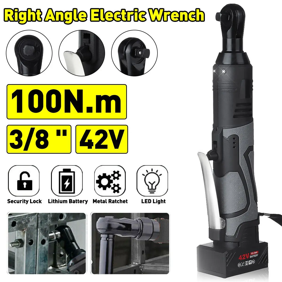 Doersupp 100N.m Cordless Electric Wrench 42V Ratchet Repair Tool Rechargeable Right Angle w/2 Battery Charger Kit | Инструменты
