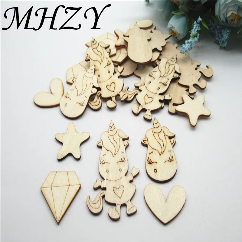 

20/50pcs 3-6.5cm Natural Wood diamond carved unicorn flower pattern Scrapbooking Handmade Carft for Home decoration diy DQ25