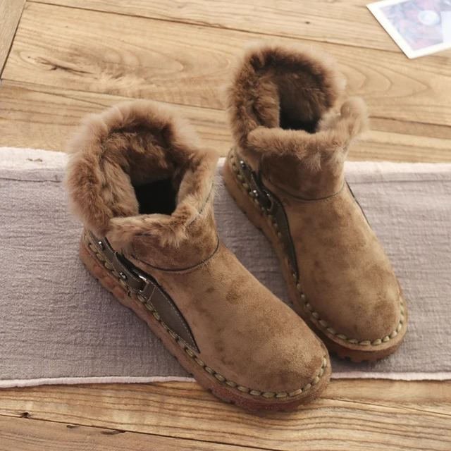 Botas De Nieve Elegantes De De Marca Para Mujer, Botines Peludos De Peluche Cálidos, Botas Cortas De Borreguito Plano Con Hebilla De Metal, Invierno| AliExpress |