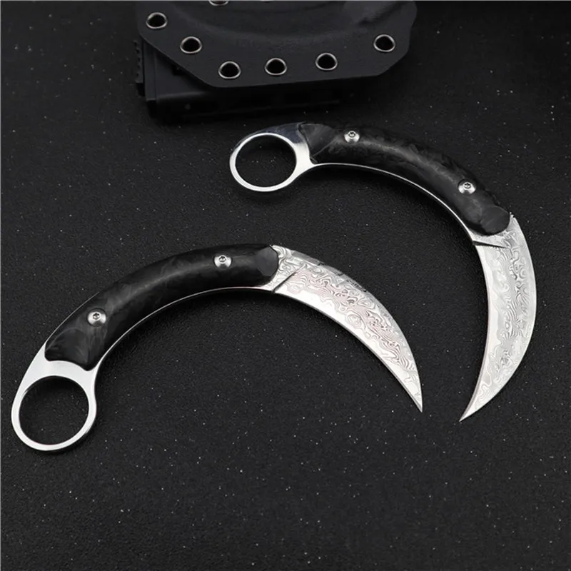 HS Tools дамасское лезвие керамбит ручка из углеродного волокна Тактический