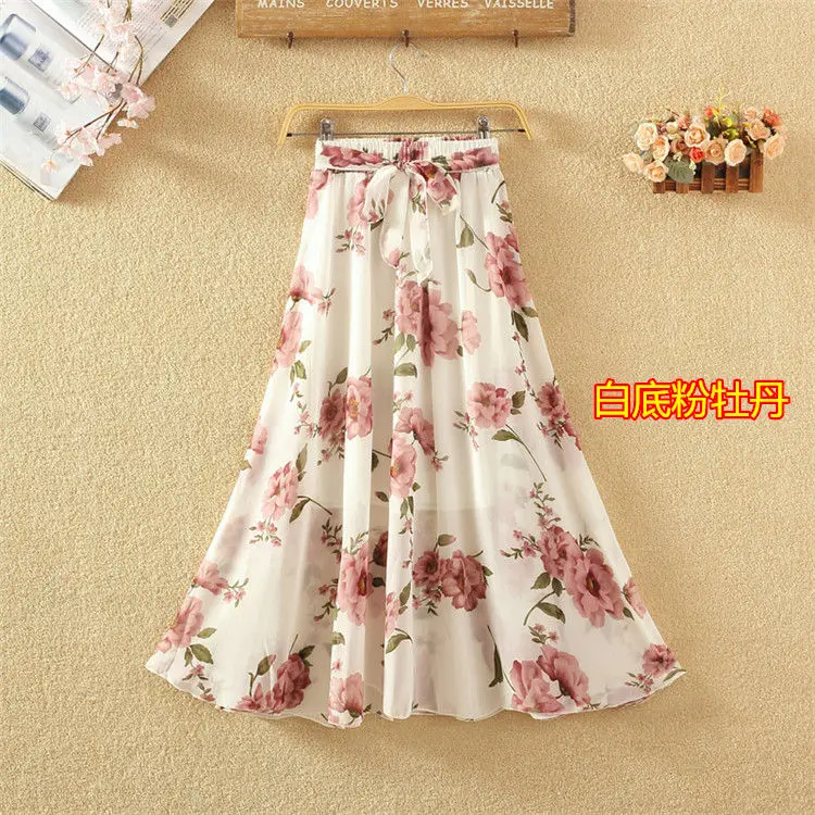 Summer Long Skirts Women Elegant Chiffon Plus Size Skirt High Waist Floral Print Streetwear Maxi Ladies Beach Skirts DV227