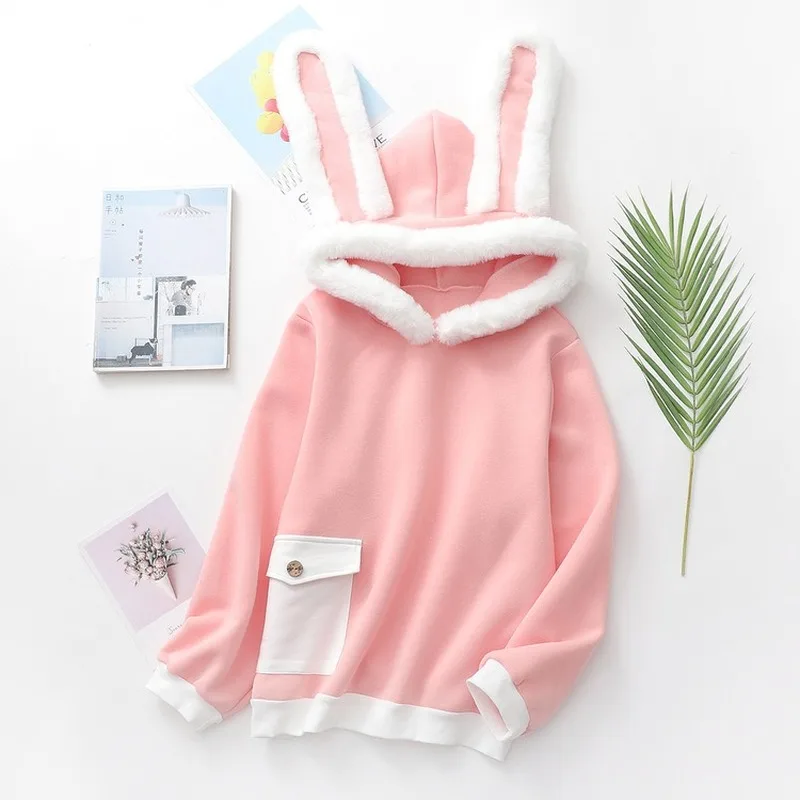Женские Новые осенне-зимние теплые толстовки Kawaii, модные милые бархатные пуловеры с капюшоном и заячьими ушками, милые топы для студентов