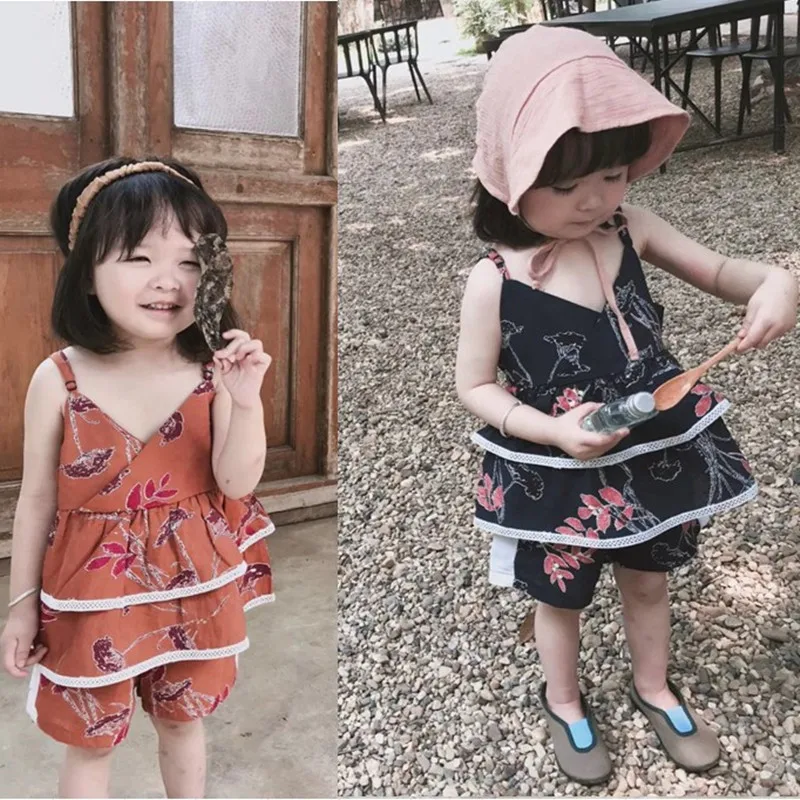 

Girl'S Suit Flower Top Shirt with Narrow Straps And Shorts 20 Summer Wear New Style Childrenswear 2-7-Year-Old