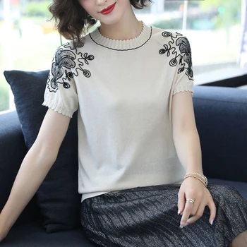 

embroidery knitted T-shirt Women Tops summer Ice silk Short sleeve Tshirt fashion Korea Female Tee shirt Loose thin Tshirt 2020