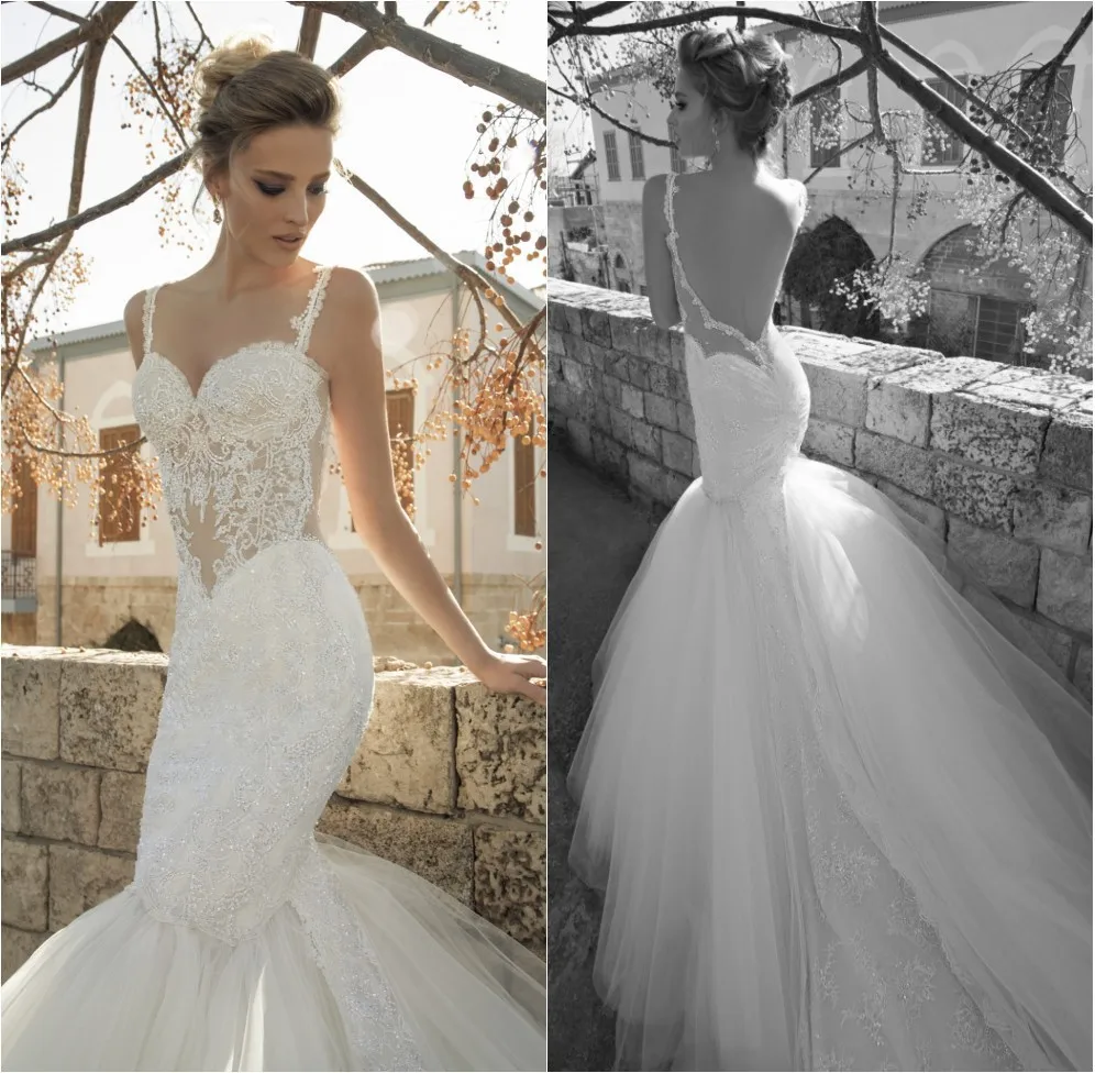 

Spaghetti Straps Mermaid Tulle Sexy Wedding Dresses with Lace Sweetheart Backless Long Sweep Train Fish Tail Vestido De Novia