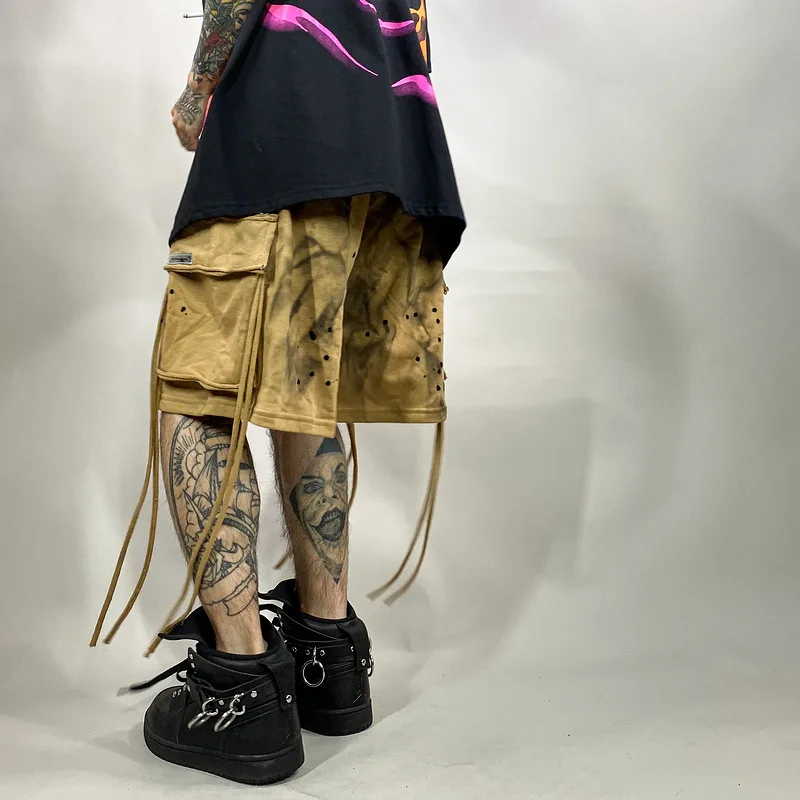 

UNCLEDONJM Men shorts Streamer Tie-Dye Large Pocket Oversize Loose Wide-Leg Tooling Shorts High Street Style Cargo Shorts NF22