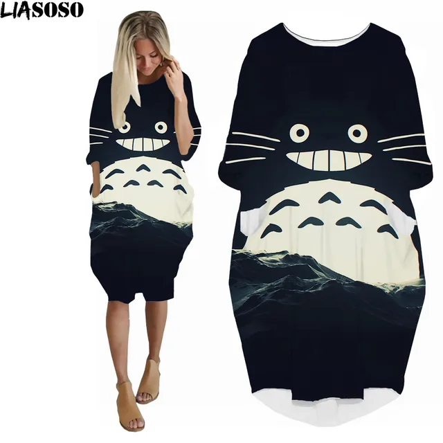 LIASOSO Anime Totoro Dress 3D Printing Girls Street Interesting Fashion Trend Wild Loose Long Sleeve Over The Knee Dress Womens QAAA14666