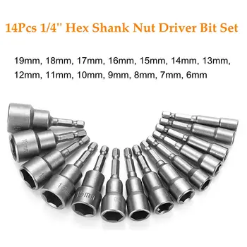 

Adapter Nut Driver Bit Steel 14pcs 1/4\" hex shank Magnetic Socket 6-19mm