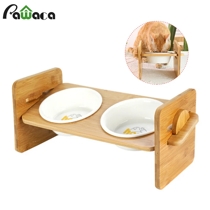 

Pet bowl Wooden dog dining table cat feeders ceramic bowl bamboo frame non-slip double/Single bowls puppy drink feeding dishes