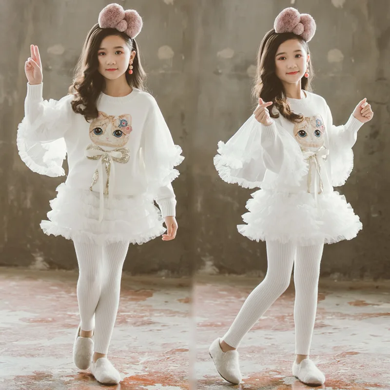 

Winter New Girls Clothing Set Children White Cartoon Cat Pullover Sweater + Knitted Leggings Sets Spring Princess Kniwear Suits