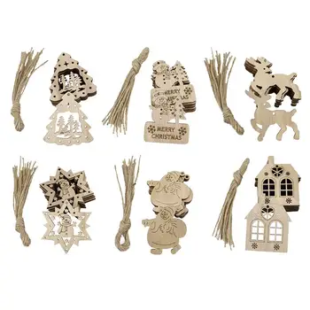 

10 Pieces Christmas Tree Wood Ornaments Snowflakes Embellishments Snowman Santa Claus Tree Hanging Ornaments with Drawstrings fo