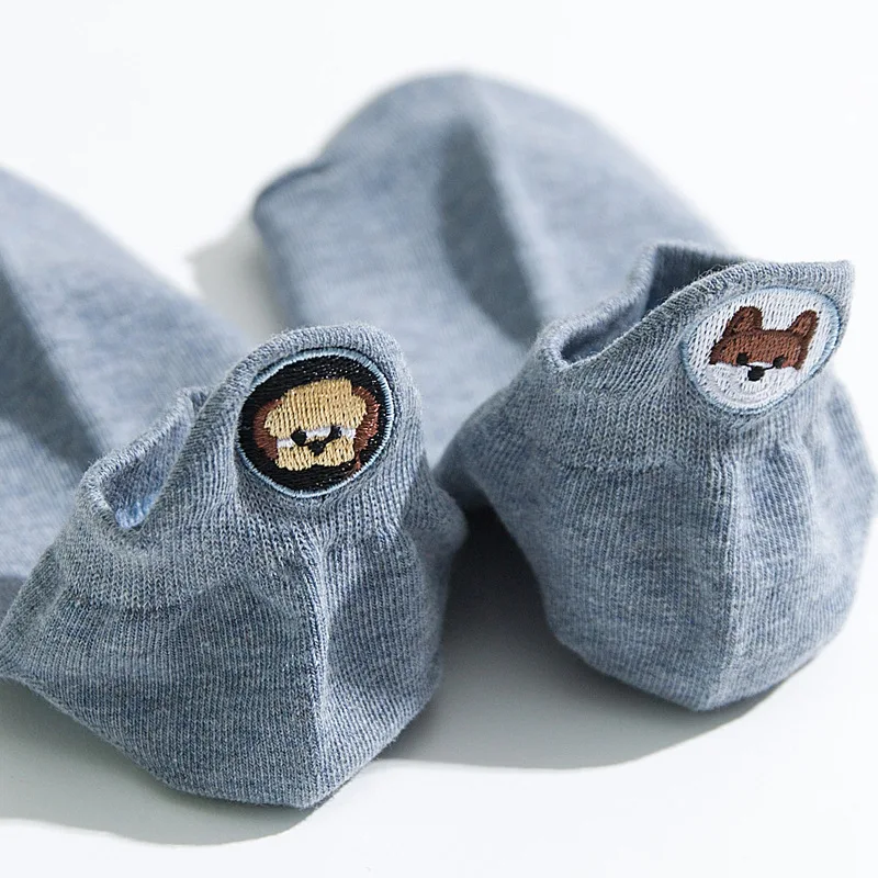 Синий 1 Pair Cute Embroidered Socks Cute Cartoon Dog Tide Thin Section Summer Cotton Boat Socks Bear Pink Black Green Yellow Sock Hot - Цвет: Синий