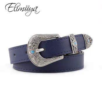 

Elimiiya Brand Women Belt Carved Metal Pin Buckle PU Leather Belts Fashion Retro Strap waistband Suitable for Jeans Coat Dress