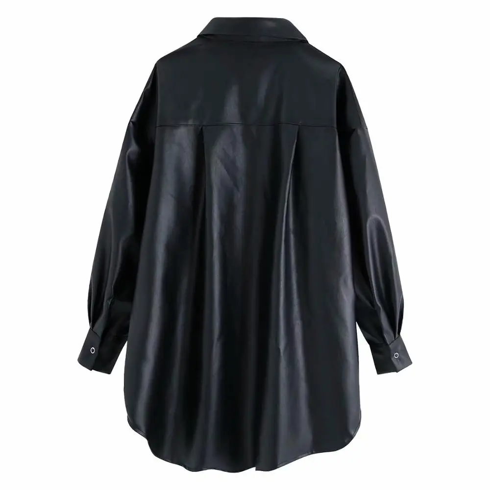 Cena 2020 nowa jesienna moda damska fałszywe Faux Leather Turn Down Collar bluzki koszule Lady Boyfriend Loose Packet eleganckimi guzikami topy
