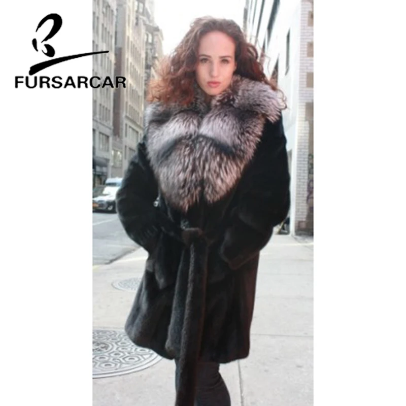 FURSARCAR новые модные Для женщин реального норки пальто с большой Silver Fox меховой воротник Роскошные зимняя куртка Женские натурального меха