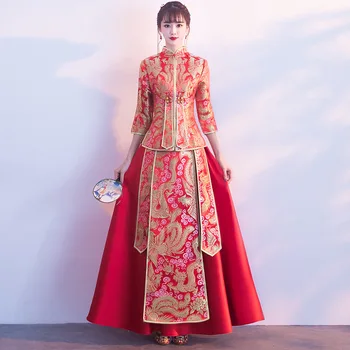 

Elegant Slim Qipao Full Length Cheongsam Vintage Bride Wedding Evening Dress Chinese Classic Red Women Marriage Suit Vestidos