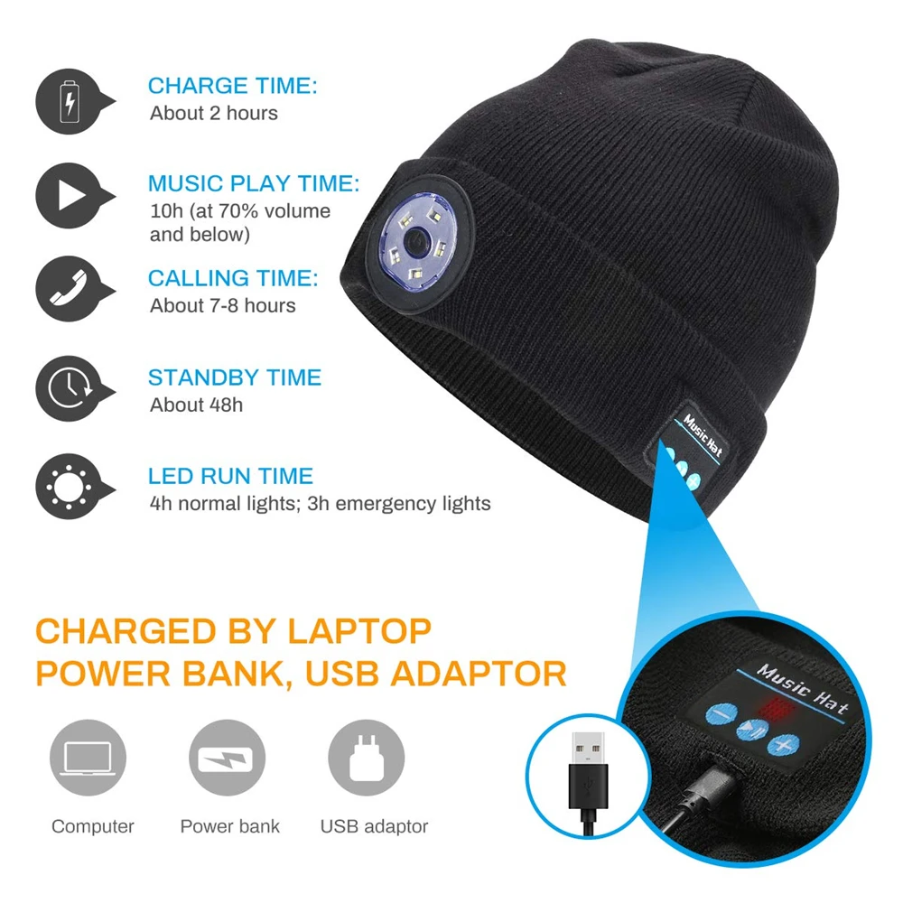 

Warm LED 5.0 Bluetooth Music Hat Wireless Beanie Headlight Handsfree Winter Unisex Knitted Cap for Running Skiing Camping