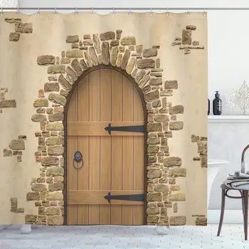 

Rustic Shower Curtain, Wine Cellar Entrance Stone Arch Architecture European Building, Cloth Fabric Bathroom Decor Set with
