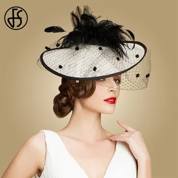 

FS Black White Feather Hats For Wedding Women Fascinator Sinamay Kentucky Derby Hat Elegant Church Party Ladies Black Fedoras