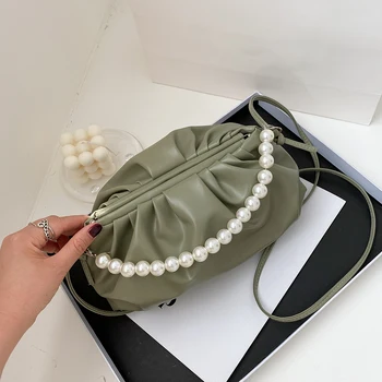 

Fashion Candy Color Soft PU Leather Crossbody Bags For Women 2020 Pearl Female Messenger Pleated Dumpling Shoulder Bag