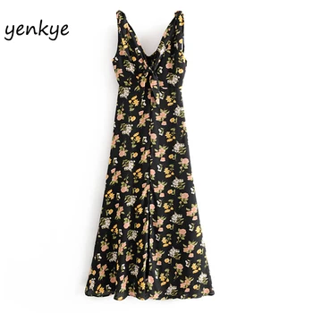 

Summer Dress Women Vintage Floral Print Chiffon Dress Lady Sexy Sleeveless V Neck High Waist Hem Slits A-line Long Dress