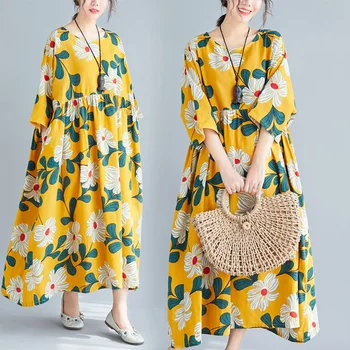 

Floral Print Boho Holiday Beach Dress 2020 New Half Sleeve O-Neck Oversized Loose Party Dress Cotton Linen Vestido De Festa