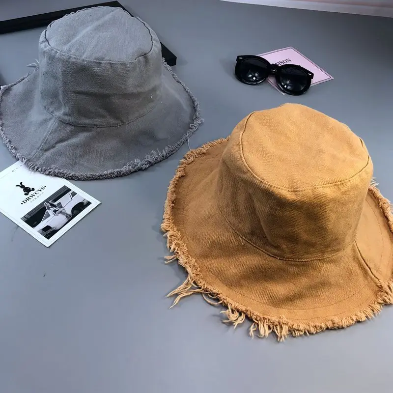 

Harajuku Bucket Hat Outdoor Street Style Women Rough Edged Cotton Sunscreen Pure Color Summer All-match Dome Fisherman Hat