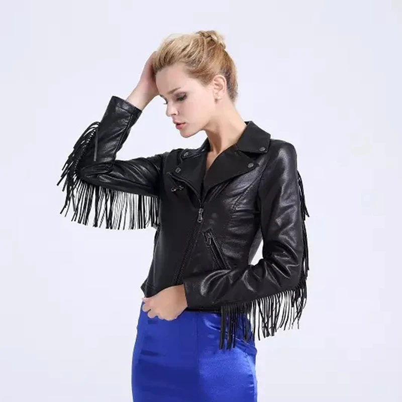 

Chic Tassel Jackets Spring Women Faux Leather Bomber Jacket Ladies Stylish Slim Coats feminine Girls Autumn Black bikers Outfits
