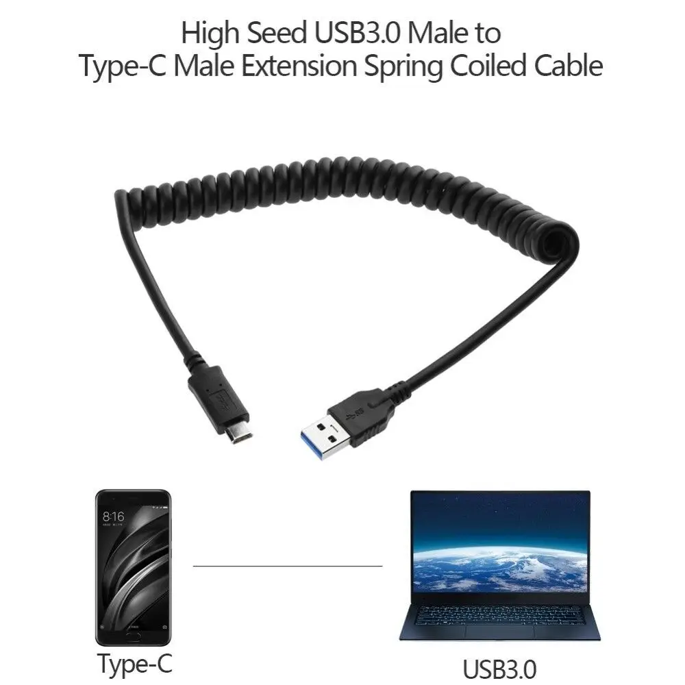 

Charging Cable USB 3.0 To Type C Male Extension Spiral Spring Data Cord Coiled Charger Power Wire Extender For Phone Accessories
