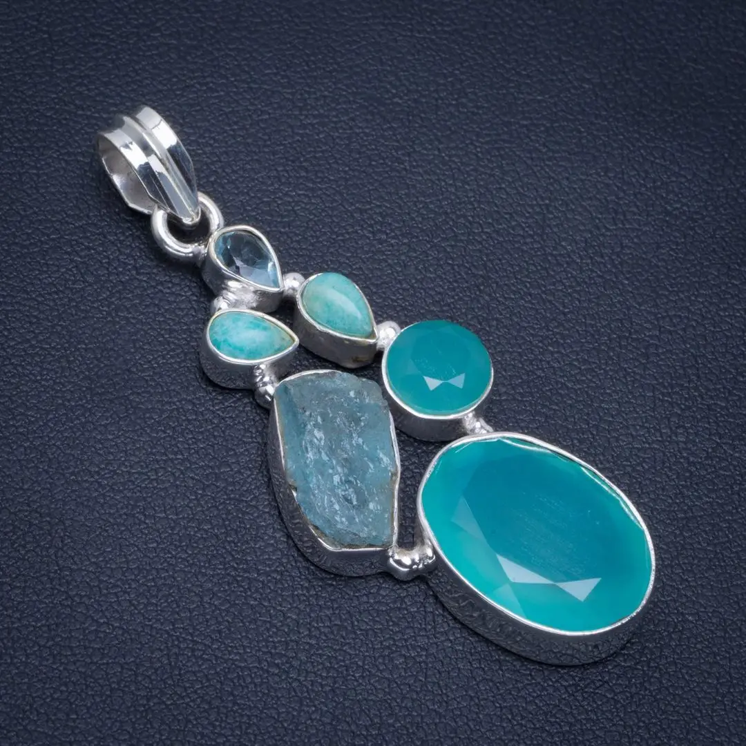 

Natural Chalcedony,Rough Aquamarine,Amazonite and Blue Topaz 925 Sterling Silver Pendant 2" B3226