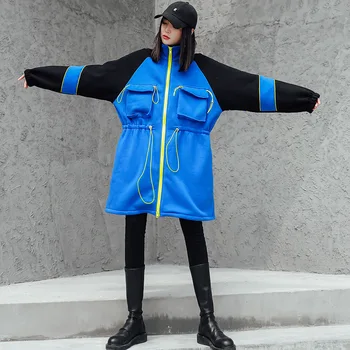 

Women Autumn Winter Drawstring Splice Stand Collar Zipper Hoodie Cardigan Female Streetwear Hip Hop Outerwear Long Jacket Coat