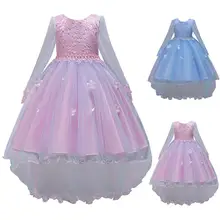 Кружевное платье принцессы для девочек вечерние платья до середины икры с длинными рукавами для детей, осеннее платье с бантом и вышивкой радуги для девочек Vestidos