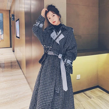 

Autumn Winter Women Fashion Slim Splice Tassel Belted Long Trench Woolen Coat Female Korean Elegant Windbreaker Overcoat 2020