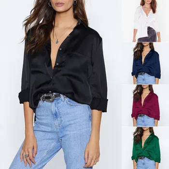 

2020 New Fashion Summer Women Turndown Collar solid Long Sleeve Button Pocket Silk Shirt Blouse Solid Loose Casual Shirt Tops