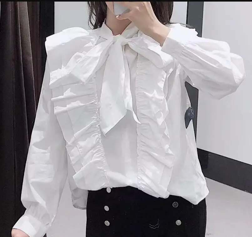 2020 white blouses long tops Ruffle Blouses Women Fashion Bow Solid Shirts Women Elegant Long Sleeve Poplin Tops Female Ladies