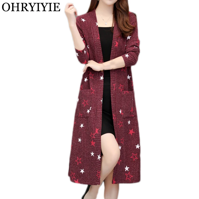 

OHRYIYIE Large Size 5XL Thick Women Long Cardigan and Sweater Autumn Winter Star Print Pocket Knitted Sweater Female Coat XL-5XL