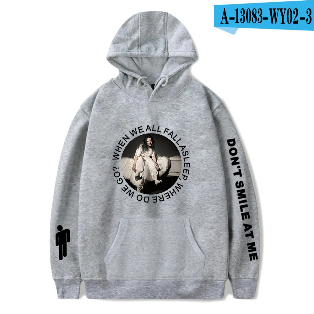 Осень Billie Eilish Популярные черные толстовки женские мужские пуловеры с принтом повседневные Harajuku Billie Eilish женские толстовки с капюшоном - Цвет: gray