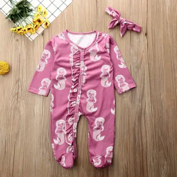

Emmababy Infant Baby Girl Clothes Mermaid Print Ruffles Button Casual Romper Jumpsuit+Headband Outfit Autumn