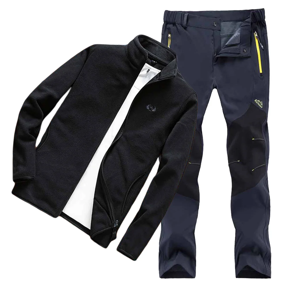 Мужские зимние водонепроницаемые походные брюки, походная куртка, набор 4XL, костюм для рыбалки, лыжного спорта, теплые флисовые походные куртки для мужчин - Цвет: Black Gray Suit