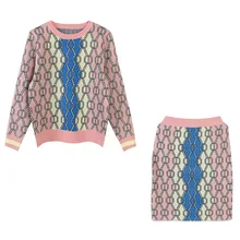 Европа и США новые женские Круглый вырез цвет в контрастную клетку с длинным рукавом Трикотаж с бедра юбка