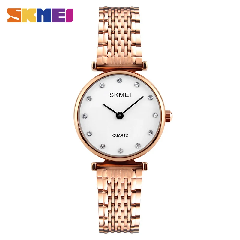 

SKMEI 1223 New Women Quartz Wristwatches Luxury Stainless Steel Strap Fashion Lady Watch RoseGold Shell Casual Relogio Feminino