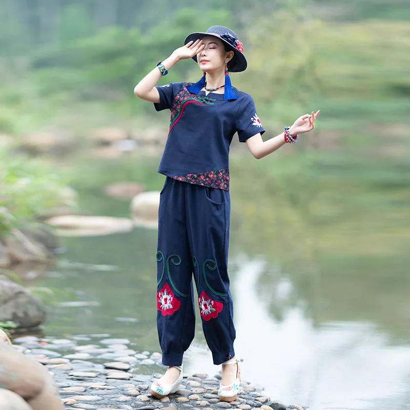 

2019 Summer New Style Ethnic-Style Cotton Linen Loose-Fit Embroider Jacket + Embroidery Cotton Linen Loose Pants Set