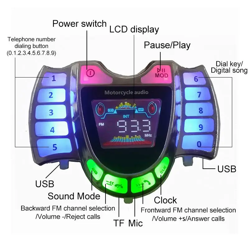 Bluetooth для мотоцикла, студийная звуковая система, стерео динамик, fm-радио, MP3 музыкальный плеер, Противоугонная сигнализация, система дистанционного управления