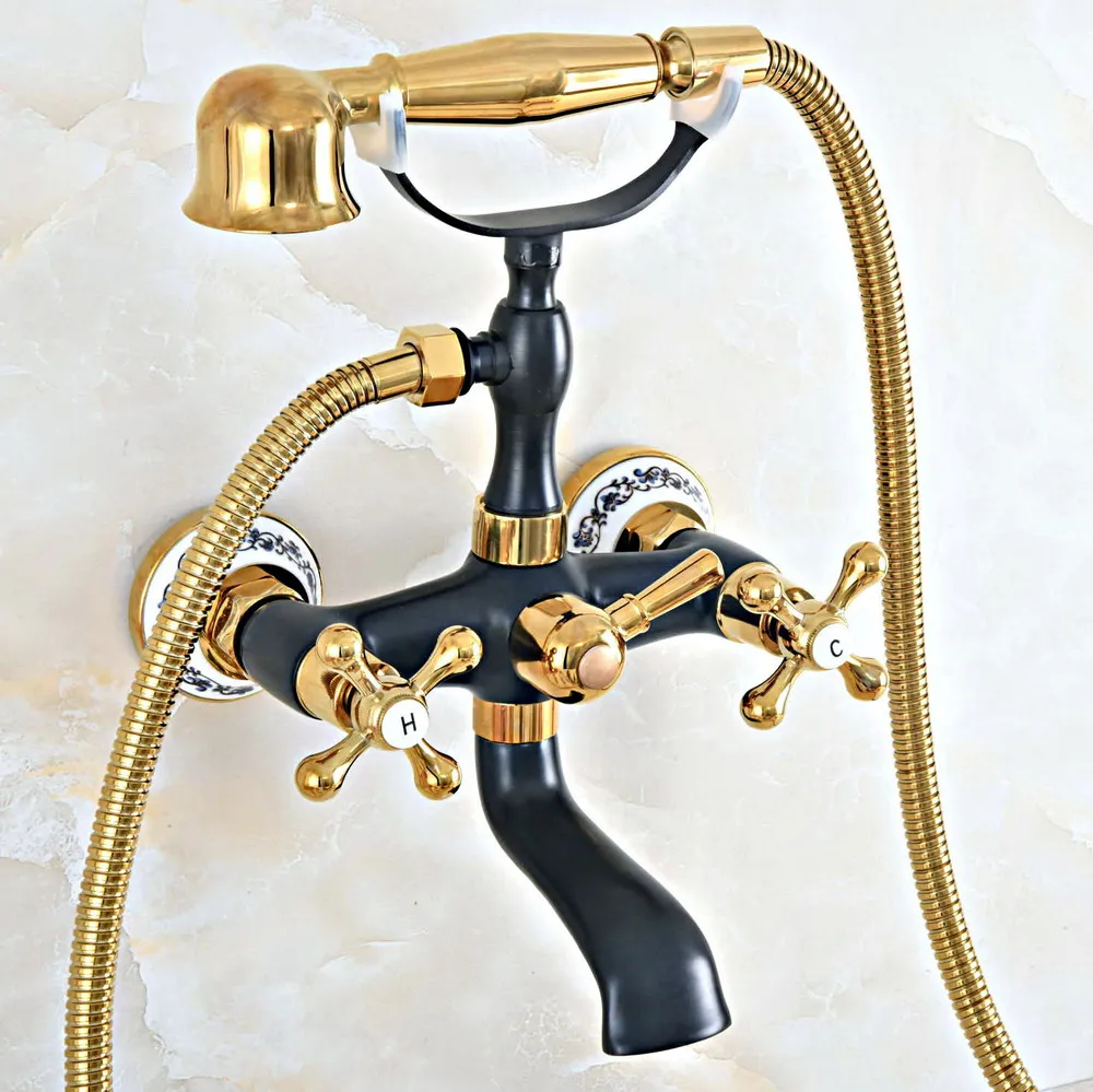 

Gold & Black Brass Wall Mount Bathroom Bathtub Faucet Set WITH/ 1500MM Handheld Shower Spray Head Mixer Tap Dna462