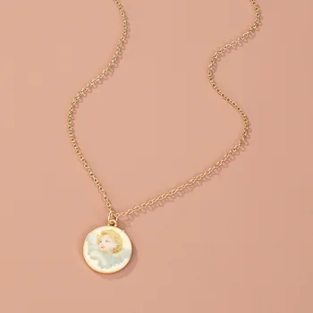 

Unique Design Head Portrait Pendant Necklaces for Women Ladies Gold Color Coin Linked Chain Angel Chokers Necklace Cute Jewelry